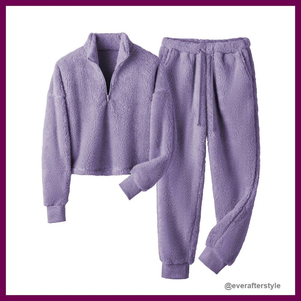 Cozy Fleece Pajama Set Zip-Up Hoodie Joggers Lounge Wear Winter Sleepwear